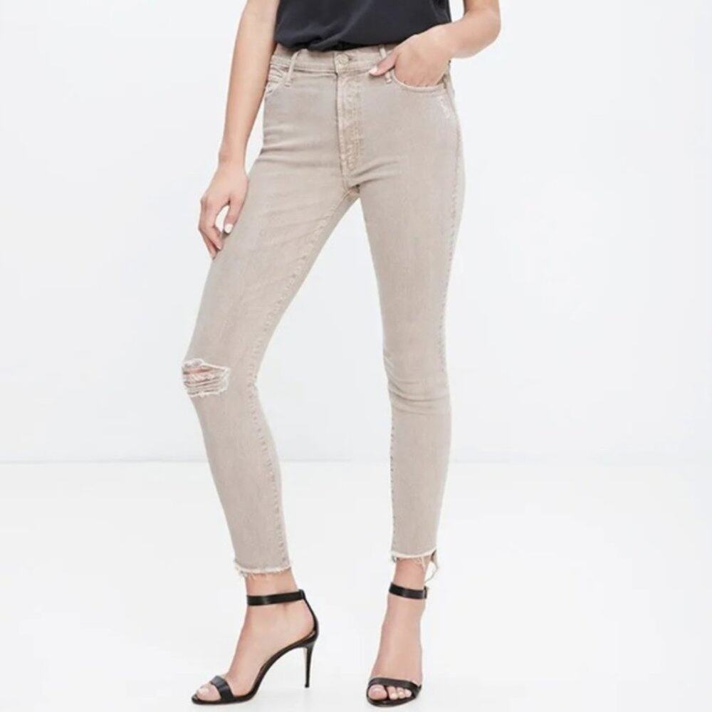 Mother Stunner Zip Ankle Jeans Size 26 Sexy Sand High Rise Fray Hem Stretch